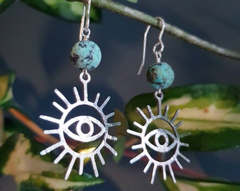 Turquoise, sterling silver, and Beaten Stainless Steel 'Himaya' Earrings, Turkey and Syria CHARITY FUNDRAISER, Plastic Free, Ready to Gift.