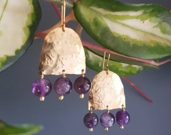 Beaten Brass and Amethyst 'Leto' Statement Earrings, February Birthstone, Gold Arch, Made in Cornwall, Plastic Free, Ready to Gift.