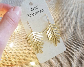 Beaten Brass, Gold Leaves 'Arbor' Hammered Statement Earrings, Handmade in Cornwall, Plastic Free. Bridal, Ready to Gift.