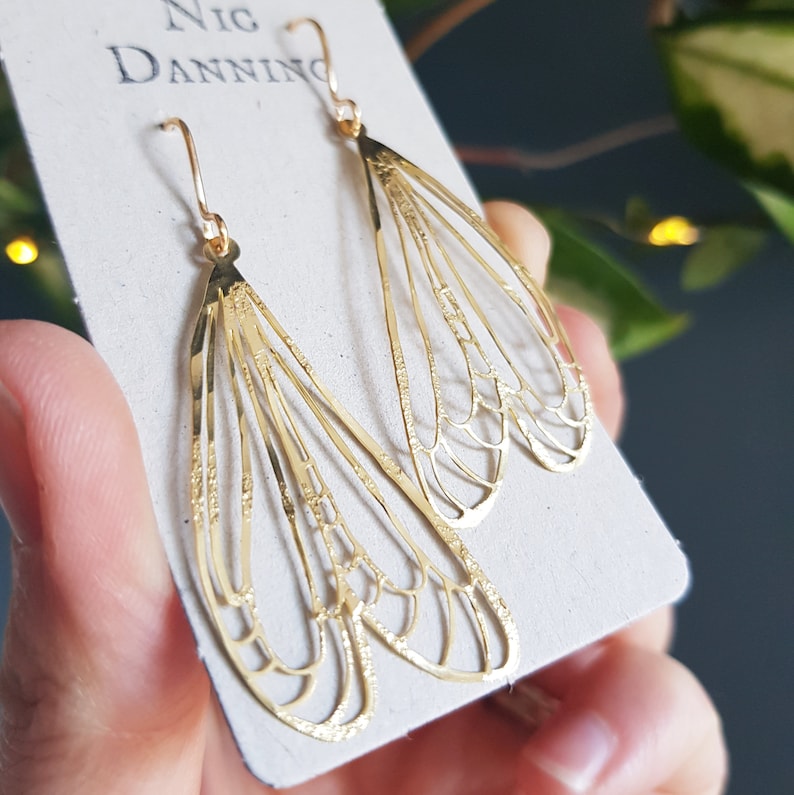 Golden Wings 'Naiad' Dragonfly Earrings, Hammered, Beaten Brass, Made in Cornwall. Plastic free Product, P&P, Ready to Gift. image 2