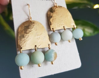 Beaten Brass and Amazonite 'Theia' Statement Earrings, Gold Arch, Made in Cornwall, Plastic Free, Ready to Gift.