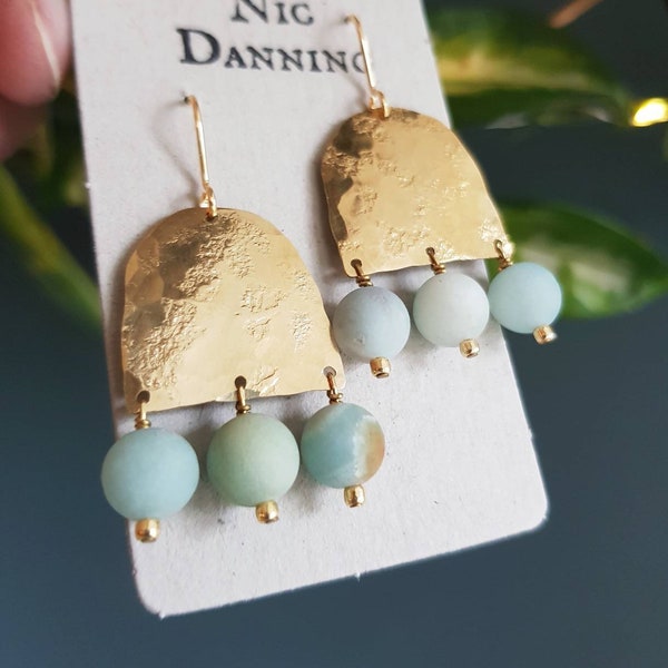 Beaten Brass and Amazonite 'Theia' Statement Earrings, Gold Arch, Made in Cornwall, Plastic Free, Ready to Gift.