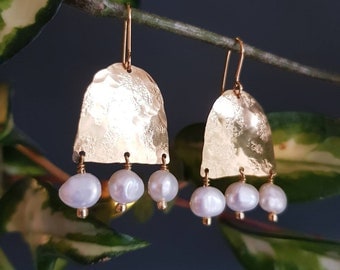 Beaten Brass and Frehswater Pearl 'Eos' Statement Earrings, June Birthstone, Gold Arch, Made in Cornwall, Plastic Free, Ready to Gift.