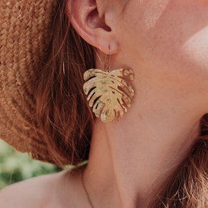 Beaten Brass, Gold Tempest 'Tropic' Large Monstera Leaf Hammered Statement Earrings, Made in Cornwall, Plastic Free. Bridal, Ready to Gift. image 3