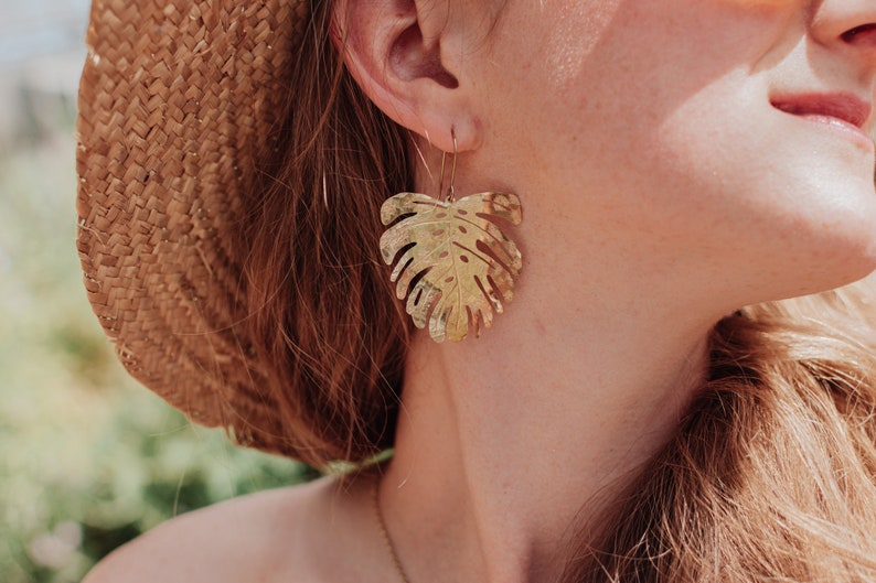 Beaten Brass, Gold Tempest 'Tropic' Large Monstera Leaf Hammered Statement Earrings, Made in Cornwall, Plastic Free. Bridal, Ready to Gift. image 3