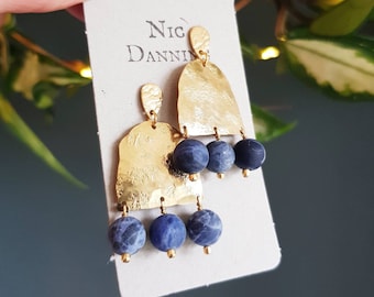 Beaten Brass and Blue Sodalite 'Astrape' Stud Statement Earrings, Gold Arch, Made in Cornwall, Plastic Free, Ready to Gift.