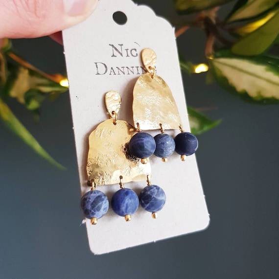 Beaten Brass Blue Sodalite 'Astrape' Stud Statement Earrings, Hypoallergenic wires, Made in Cornwall.Plastic free Product,P&P,Ready to Gift.