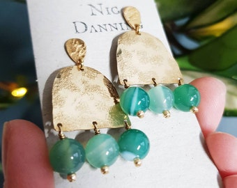 Beaten Brass and Green Agate 'Themis' Statement Stud Earrings, Gold Arch nd Emerald Green, Made in Cornwall, Plastic Free, Ready to Gift.