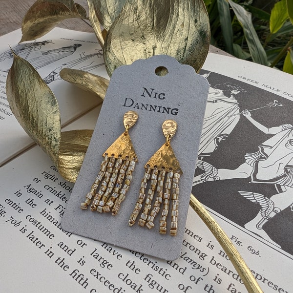 Gold and Beige Neutral Beaten Brass Stud Earrings, Hand Beaded Fringe, Ancient Egyptian 'Thebes' in 'Sahara', Silk or Cotton, Plastic Free.