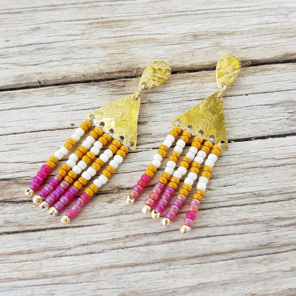Mustard and Hot Pink Beaten Brass Striped Beaded Fringe Stud Earrings, Karenza 'Gwithian' Made in Cornwall, Plastic Free. Ready to Gift