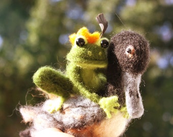 Needle Felted Frog Prince on a Duck - Beautiful Fairytale Decoration