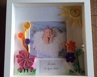 Quilled Baby Girl Birthday Gift: Personalized Picture Frame, Handmade Wall Art