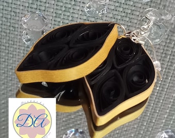 Quilled Black Earrings with Golden Edges: Handmade Paper Filigree
