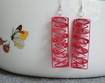 RED RECTANGULAR EARRINGS, special occasion, 1st Anniversary, birthday, Christmas gift, paper quilled