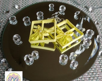 Yellow Quilled Paper Earrings: Square Floral Jewelry