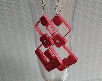 Red Quilled Paper Earrings: Elegant Geometric Jewelry
