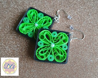 Green Quilled Earrings: Dangle Paper Filigree Jewelry