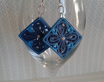 Dark Blue Quilled Earrings: Handmade Dangle Jewelry