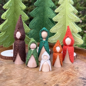 Gnome family. Natural toy. Woodland nursery.  Wood Peg doll. Waldorf inspired. Neutral colors. Handmade w/ wool. Build a family.