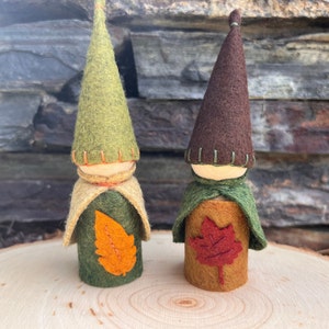Leaf gnome. Fall gnome. Wood peg doll. Handmade with wool. Waldorf inspired. Montessori. Homeschool. Autumn. Natural toy. Thanksgiving