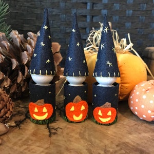 Jack-o-lantern gnome. Pumpkin gnome. Wood peg doll. Halloween gnome. Waldorf inspired. Trick or treat. Candy alternative.