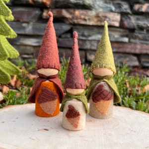 Acorn gnome. Fall gnome. Gnome family. Wood peg doll. Waldorf. Montessori. Autumn fairy elf. Thanksgiving. Handmade natural woodland toy.