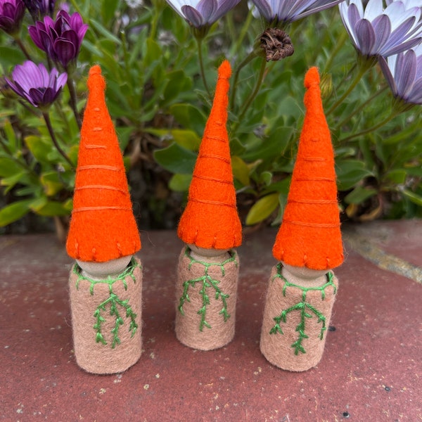 Carrot gnome. Easter gnome. Wood peg doll. Easter spring decor. Waldorf inspired. Natural toy. Easter basket. Candy alternative. Mini doll.