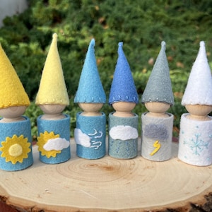 May include: Six wooden peg dolls with felt weather-themed outfits. Each doll has a different colored cone hat and a cylindrical base decorated with weather symbols like a sun, cloud, wind, rain, and snowflake. They are arranged on a wooden slice.