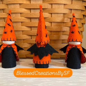 Bat gnome. Halloween toy. Wood peg doll. Candy alternative. Halloween Gnome. Trick or treat. Natural toy. Waldorf. Montessori. Handmade