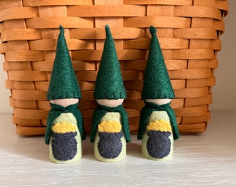 Pot of Gold Gnome. St. Patrick’s Day Gnome. Irish gnome. Wood peg doll. Waldorf inspired. Made in the USA. Waldorf Seasonal calendar. Spring