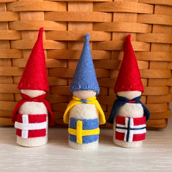 Scandinavian gnomes. Nordic gnomes.  Flag gnomes.  International gnomes.  Wood peg doll. Handmade. Denmark. Sweden. Norway.