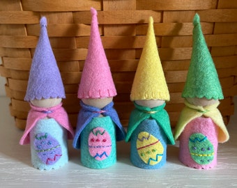 Easter egg Gnome. Spring Gnome. Easter gnome. Wood peg doll. Easter basket natural toy.  Waldorf Seasonal calendar. Candy alternative.
