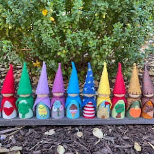 Year of gnomes. Monthly  gnomes. Wood peg doll. Holiday gnomes. Waldorf Montessori inspired. Waldorf seasonal calendar. Early childhood toy.