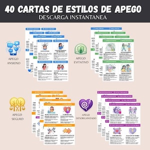 Puede incluir: Un conjunto de tarjetas con ilustraciones y texto, categorizadas por estilos de apego: ansioso, evitativo, seguro y desorganizado. Las tarjetas presentan iconos y frases en español, con el título "40 CARTAS DE ESTILOS DE APEGO" en la parte superior.