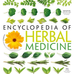 Puede incluir: Portada de "Enciclopedia de Medicina Herbal" con varias hierbas y hojas dispuestas alrededor del título. La portada presenta una gran flor amarilla y texto que indica que el libro trata sobre 550 hierbas y remedios para dolencias comunes.