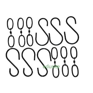 May include: A set of 12 black metal hooks, including both S-shaped and circular hooks. The hooks are ideal for hanging items in a kitchen, bathroom, or garage.