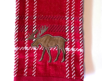 Red Moose Towel for Bathroom or Kitchen Christmas Holiday Red White Black Plaid with Brown Moose appliqués
