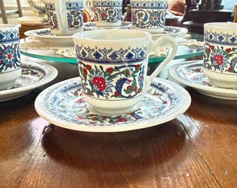 Turkish Coffee Kutahya demitasse espresso cup & saucer set Sert Porselen - Full Set of 6 with Ottoman floral design