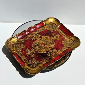 Vintage Florentiner Tablett: Handbemaltes italienisches Holz, Rot & Goldbarock