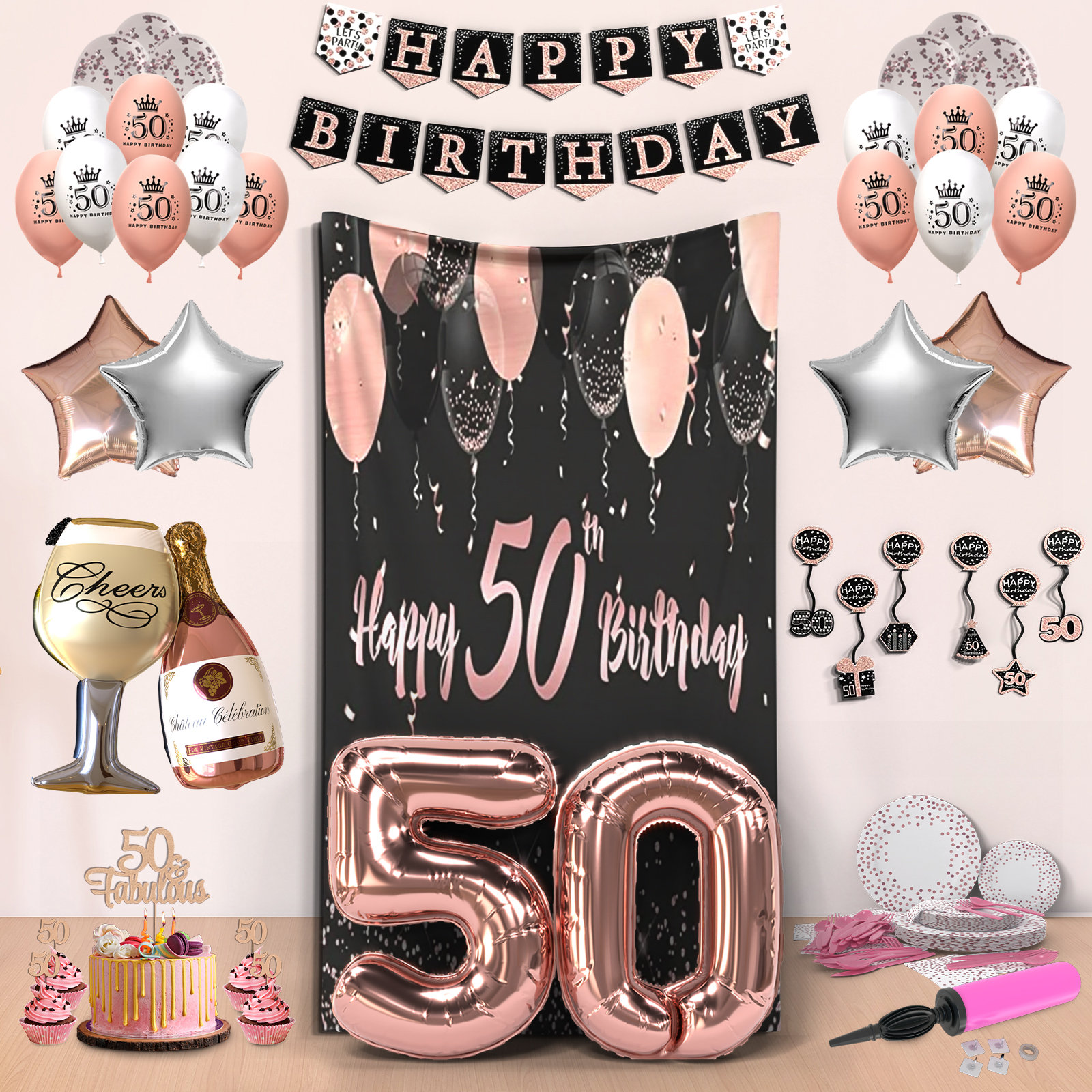 Happy 50th Birthday Banner 300x50 Cm – Schwarz-gold, Polyester, Für Innen & Außen
