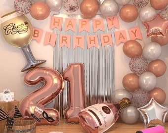 21st Birthday Decorations - 21st Party Supplies Stylish Rose Gold Decorations with Balloons, Banners Unique Party Decor for Her Celebration