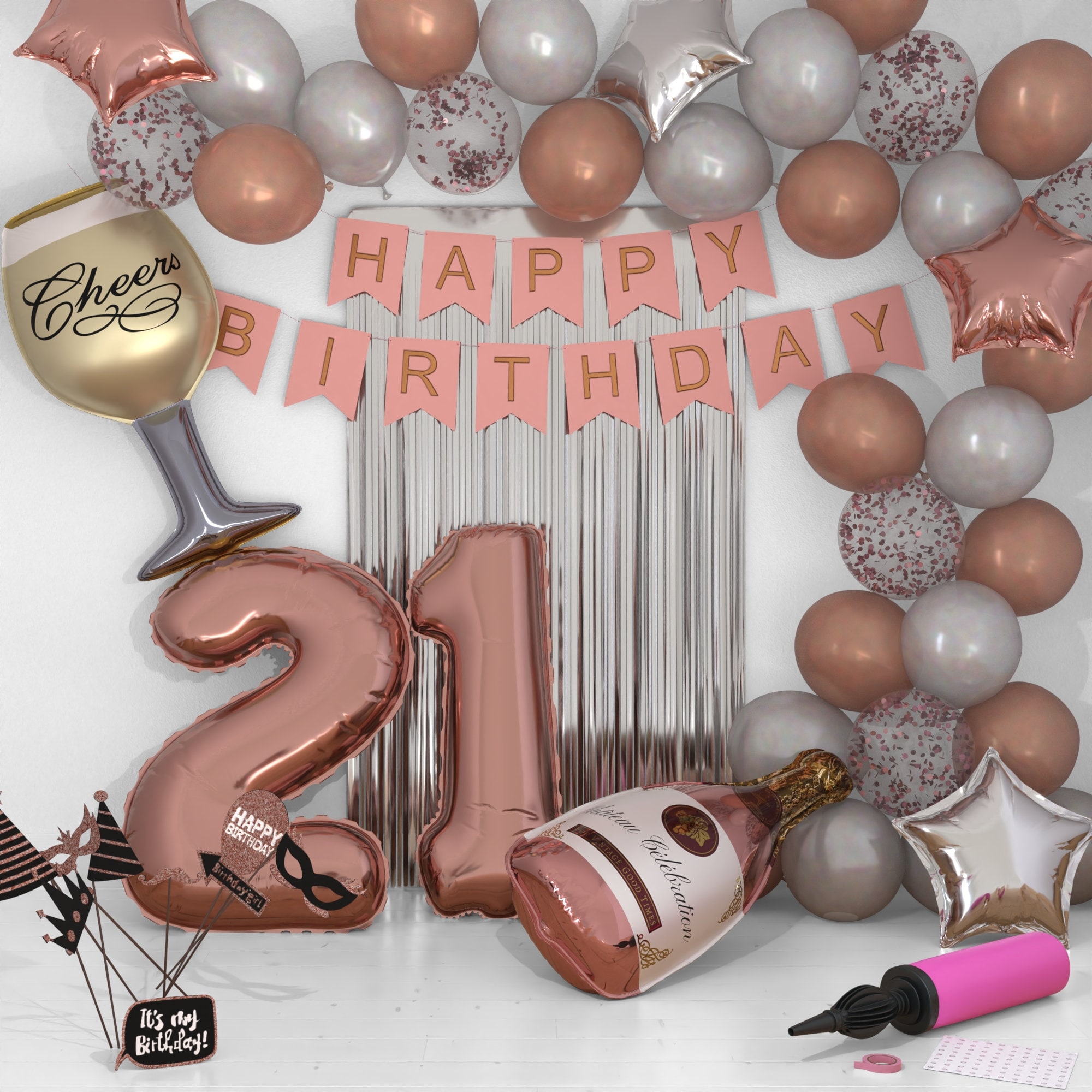 45pcs Birthday Party Decoration Balloon & Banner Set, Rose Gold