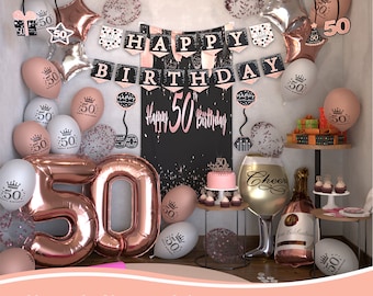 Décoration du 50e anniversaire pour femme - Décoration chic du 50e anniversaire en or rose et noir 100 pièces Grand cadeau du 50e anniversaire pour elle