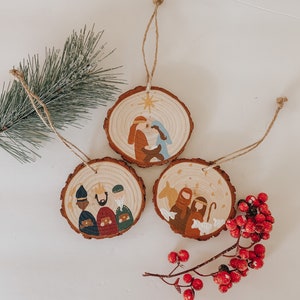 Hand Painted Nativity Scene Wood Slice Ornament Set (3)