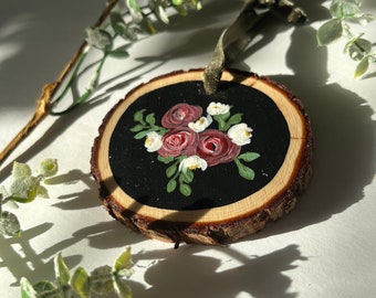 Hand Painted Vintage Flower Ornament/Wood Disk Fall Christmas Floral