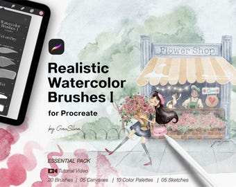 May include: A digital illustration of a watercolor brush set for Procreate. The image shows a flower shop with a girl holding a bouquet of flowers. The text "Realistic Watercolor Brushes I for Procreate by Gau Silva" is displayed on the image. The text "ESSENTIAL PACK Tutorial Video 20 Brushes | 05 Canvases | 10 Color Palettes | 05 Sketches" is also displayed on the image.