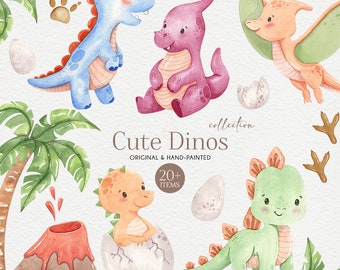 May include: A collection of 20+ original hand-painted watercolor illustrations of cute dinosaurs. The set includes a blue dinosaur, a pink dinosaur, a green dinosaur, an orange dinosaur, a yellow dinosaur, a green dinosaur with spikes, a palm tree, a volcano, and dinosaur eggs. The text "Cute Dinos" and "Collection" is included in the image.