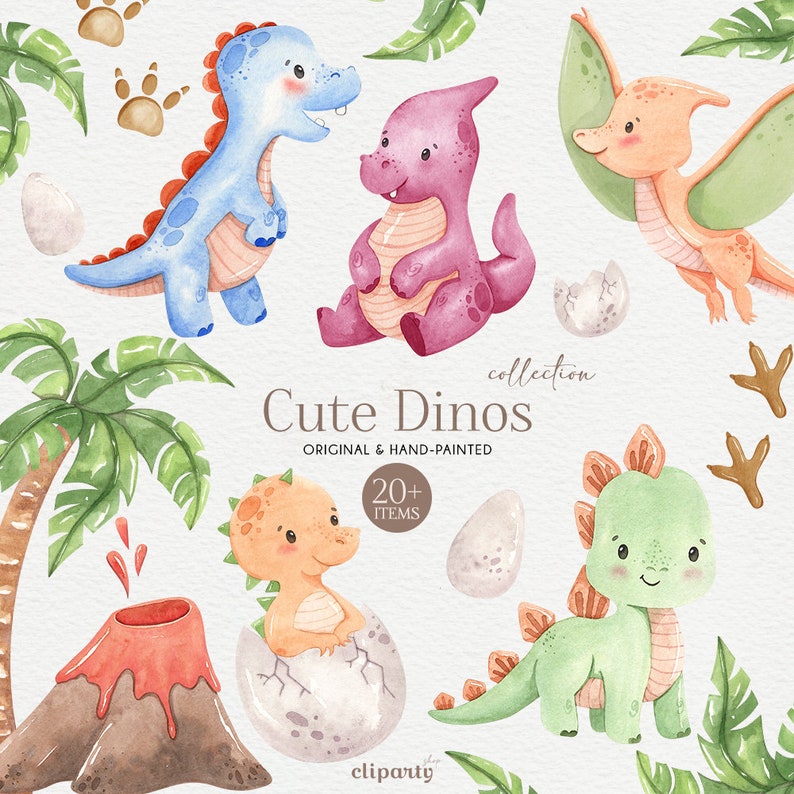 May include: A collection of 20+ original hand-painted watercolor illustrations of cute dinosaurs. The set includes a blue dinosaur, a pink dinosaur, a green dinosaur, an orange dinosaur, a yellow dinosaur, a green dinosaur with spikes, a palm tree, a volcano, and dinosaur eggs. The text "Cute Dinos" and "Collection" is included in the image.