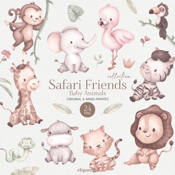 Watercolor Safari Animals Clipart, Baby Jungle animals, PNG for Scrapbooking and Nursery Party Decorations, Savanna handpainted cliparts