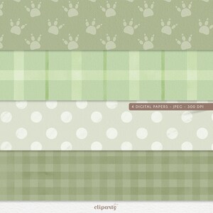 May include: Four digital papers in a green color scheme. The first paper has a pattern of paw prints. The second paper has a green and white plaid pattern. The third paper has a white polka dot pattern on a green background. The fourth paper has a green and white plaid pattern.